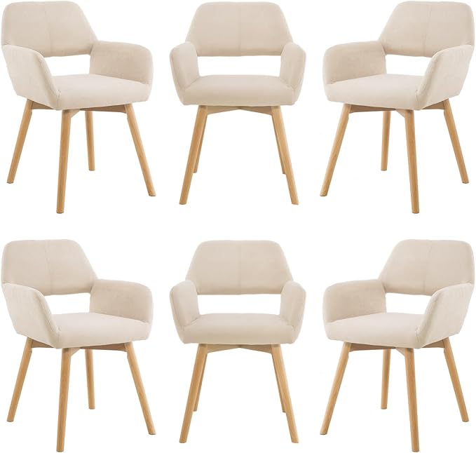 Mid Century Modern Dining Chairs Set of 6 & 4 & 2 Comfy Accent Chair Upholstered Kitchen Dining Living Room Chairs for Bedrooms Waiting Room Home Arm Desk Chair No Wheels (Beige, 6)