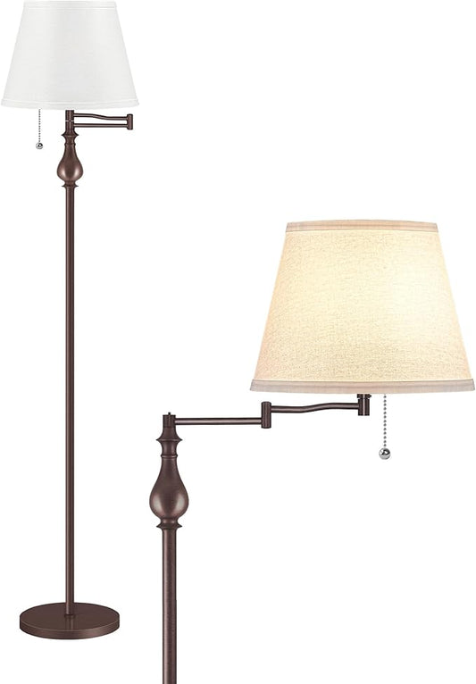 Vintage Floor Lamp with 350°Adjustable Swing Arm, 61” Mid-Century Modern Floor Lamp, Standing Pole Lamp with Pull Chain Switch, Antique Reading Lamp for Living Room, Bedroom, White and Brown VW13LD05