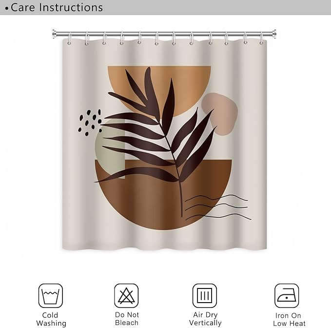 Mid Century Brown Boho Shower Curtain 72x78 Inch Abstract Semicircle Geometric Plant Leaves Sun Modern Minimalist Shower Curtain for Bathroom with Hooks Waterproof Polyester Fabric