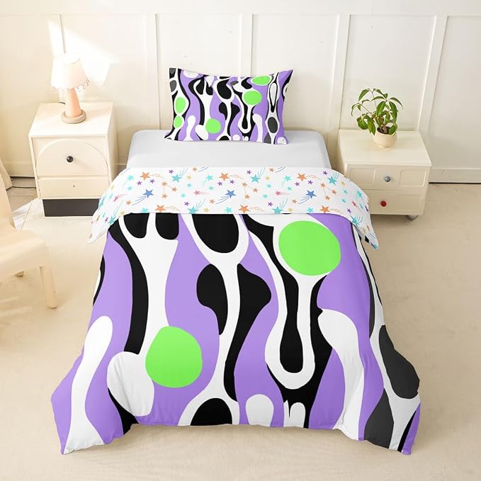 Erosebridal Organic Abstract Duvet Cover Set Modern Contemporary Girl Toddler Bedding Set for Kids Boys Boho Mid Century Wavy Lines Comforter Cover Retro Geometric Bed Sets,Purple Green
