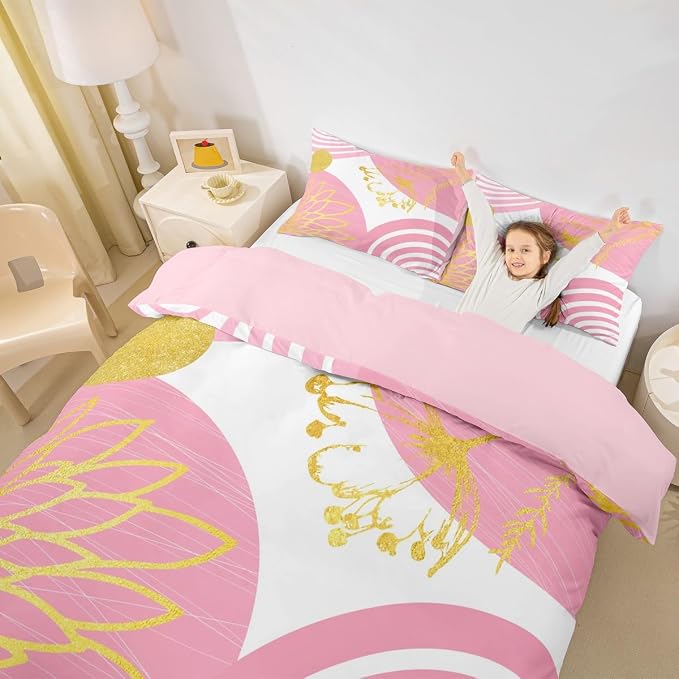Erosebridal Mid Century Modern Queen Comforter Cover for Kids Girls Teens - Pink and White Abstract Duvet Cover Boho Minimalist Aesthetic Bed Set Chic Modern Geometric Bohemian Floral Bedding Set