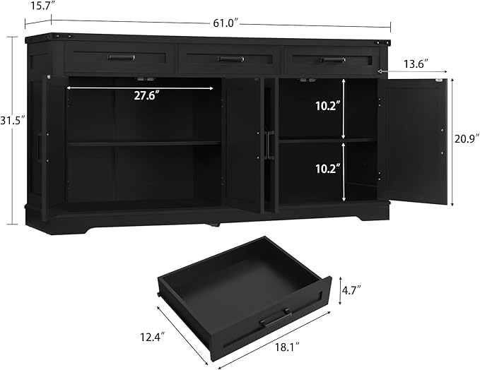 usikey Buffet Cabinet, 61” Large Sideboard Buffet Storage Cabinet with 3 Drawers, Farmhouse Coffee Bar with 4 Doors, for Kitchen, Living Room, Black