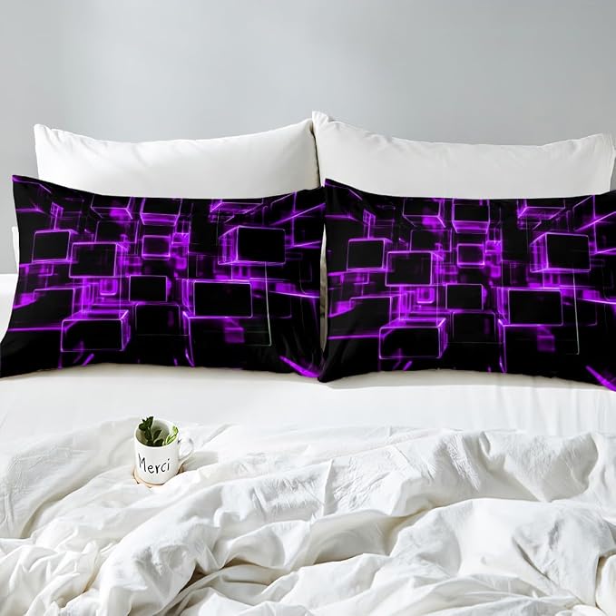 Erosebridal Fluorescent Purple and Black Kids Duvet Cover, Modern Geometric Square Bedding Sets Colorful Gradient Neon Light Honeycomb Bed Cover Queen 3 Pieces