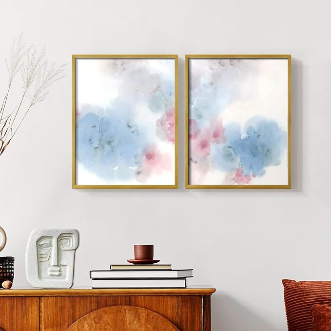 Renditions Gallery Set of 2 Peel & Stick Framed Prints, Watercolor Abstract Wall Art, Cotton Candy Splash Wall Decor, Re-Stickable - Ready to Hang - 8"x10" - GOLD Frame LT588