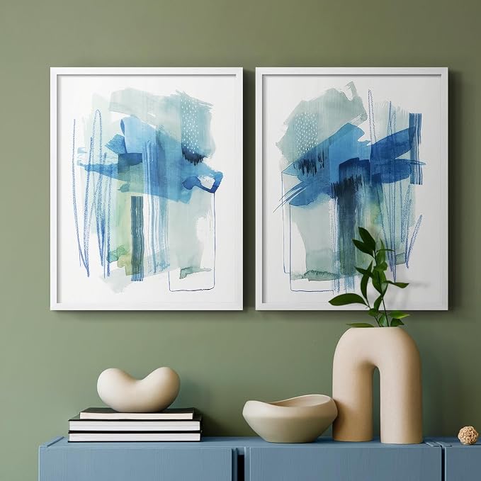 Renditions Gallery Set of 2 Peel & Stick Framed Prints, Modern Abstract Wall Art, Blue and Neutral Bold Brushstrokes Wall Decor, Re-Stickable - Ready to Hang - 22"x28" - White Frame LT588