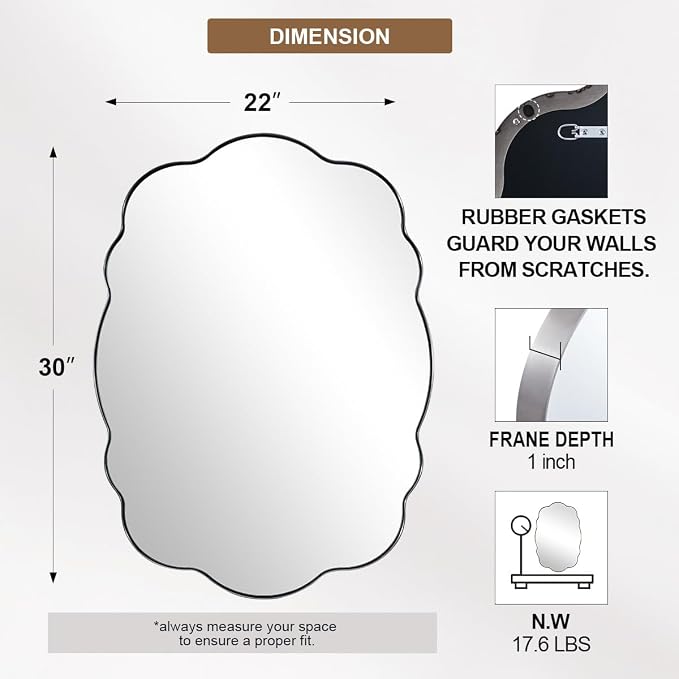 ANDY STAR Brushed Nickel Wavy Oval Mirror Scalloped Edge - Modern Bathroom Wall Mirror 22x30 Inch, Corrosion Resistant, Easy Clean SUS Frame