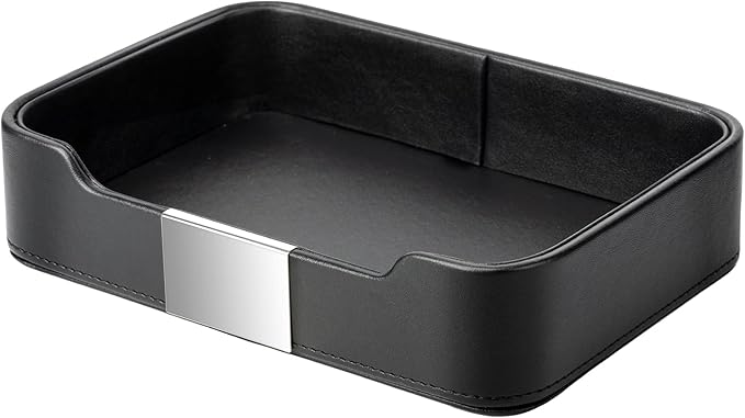 SANZIE Luxury Leather Tray Organizer Valet Tray Key Tray for Entryway Table Desktop Storage Catchall Tray Decorative Tray for Jewelry Keys Wallet Phone Watch (Metal Silvered, Black)