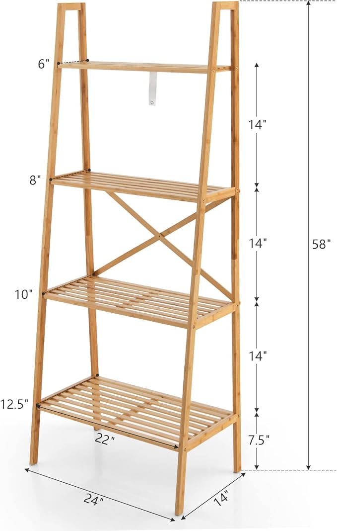 Giantex 4-Tier Bamboo Bookshelf, Multifunctional Storage Display Rack Shelves with Anti-Tipping Device, Natural Bamboo Ladder Shelf for Home Office Kitchen Bathroom