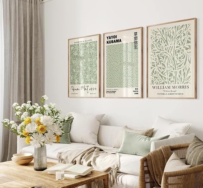 HesenDot Matisse Sage Green Wall Art Set of 3,William Morris Wall Art Decor,12x16IN Truly Quality Canvas Wall Art Pictures,Yayoi Kusama Print, Unframed Fabric wall art,Art poster decoration for
