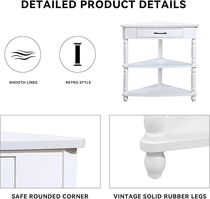 33.86" Corner Table, Wood 3 Tier Triangle Side Table Corner Shelf Stand with Solid Wood Legs 1 Drawer & 2 Storage Shelves for Living Room Small Space (Milk White)