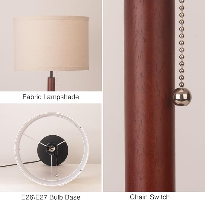 Mid Century Table Lamp, Farmhouse Desk Lamp with Pull Chain Switch&Linen Shade, Black Metal Bedside Lamp for Bedroom, Living Room, Office, Wood Finish(Black)
