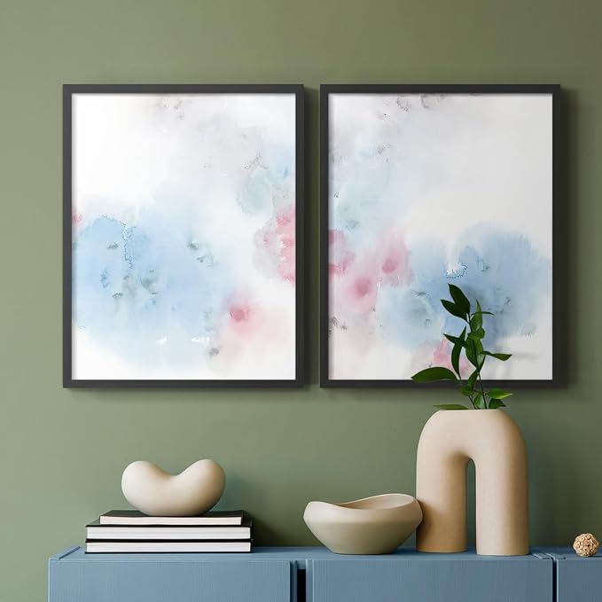 Renditions Gallery Set of 2 Peel & Stick Framed Prints, Watercolor Abstract Wall Art, Cotton Candy Splash Wall Decor, Re-Stickable - Ready to Hang - 8"x10" - Black Frame LT588
