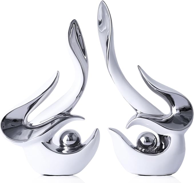 Mid Century Modern Abstract Art Home Decor Accent,Porcelain Statues for Living Room Coffee Table Centerpieces for Dining Room,Ceramic Sculptures and Gold Knick Knacks for TV Stand Decor (White Silver)