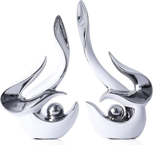Mid Century Modern Abstract Art Home Decor Accent,Porcelain Statues for Living Room Coffee Table Centerpieces for Dining Room,Ceramic Sculptures and Gold Knick Knacks for TV Stand Decor (White Silver)