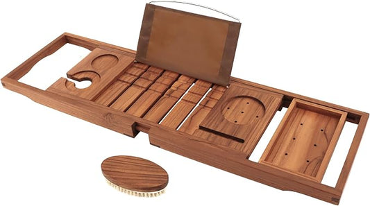 VaeFae Premium Teak Bathtub Tray, Expandable Wooden Bath Tray for Tub, Luxury Bathtub & Bathroom Accessories, Great House Warming, Anniversary & Wedding and Birthday Gifts (Free Teak Body Brush)