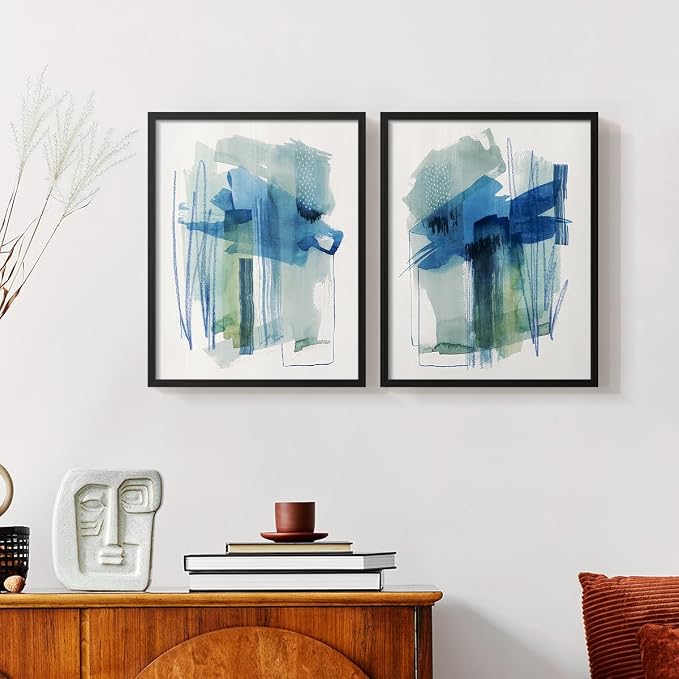 Renditions Gallery Set of 2 Peel & Stick Framed Prints, Modern Abstract Wall Art, Blue and Neutral Bold Brushstrokes Wall Decor, Re-Stickable - Ready to Hang - 22"x28" - Black Frame LT588