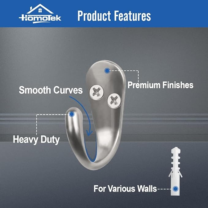 HOMOTEK 15 Pack Single Prong Coat Hooks Satin Nickel Wall Mounted Matte Rustproof Coat Hook Hardware Retro Robe Hanger for Coat,Towel, Scarf, Hat, Bag, Key, Shoes