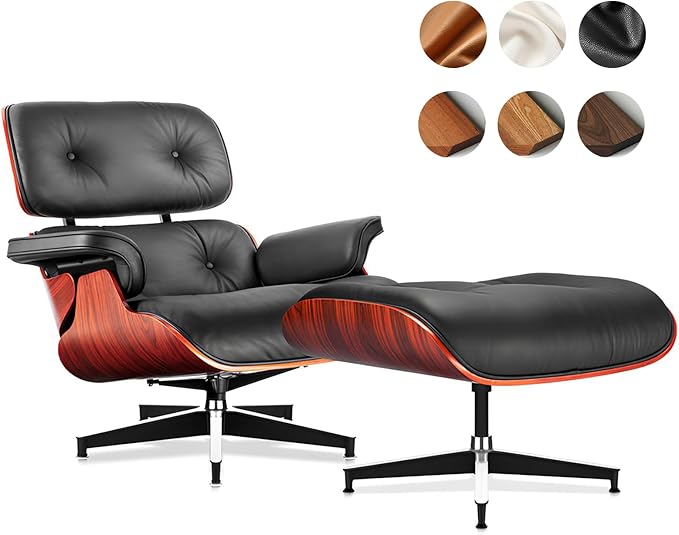 Top Black Grain Leather, Mid Century Chaise Lounge Chair and Ottoman, Modern Chair Classic Design, Heavy Duty Base Support for Living Room Study Lounge Office, Darkrosewood