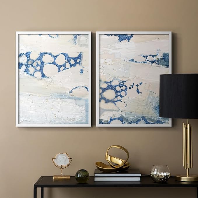 Renditions Gallery Set of 2 Peel & Stick Framed Prints, Textured Abstract Wall Art, Beach Themed Bubble Design Wall Decor, Re-Stickable - Ready to Hang - 8"x10" - White Frame LT588