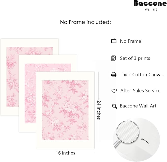 Baccone Pink Floral Wall Art Chinoiserie Flower Wall Decor Pictures Aesthetic Canvas Wall Art Love Shack Fancy Poster Vintage Floral Prints for Living Room Bedroom 16x24 Inch Unframed Set of 3
