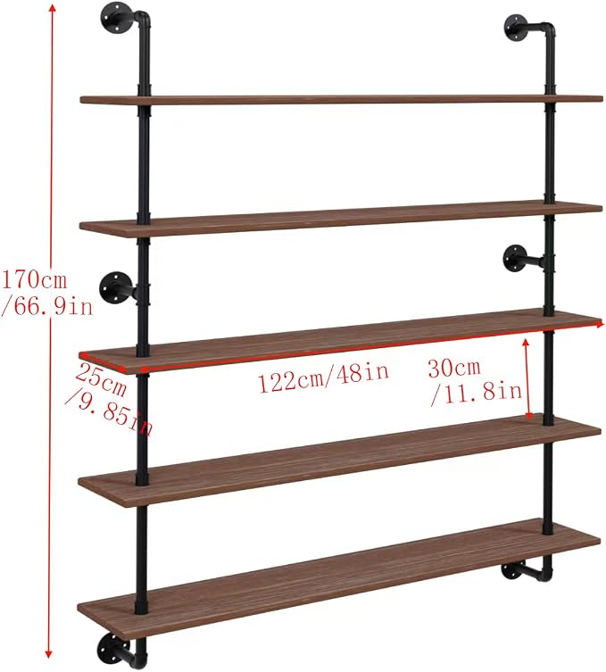 HDDFER Floating Shelves for Wall Bookshelf Industrial Pipe Shelving Shelves 48 Inch 5 Tier Natural Wood Planks Rustic Wall Shelves Hanging Bookshelves Farmhouse Kitchen Shelving