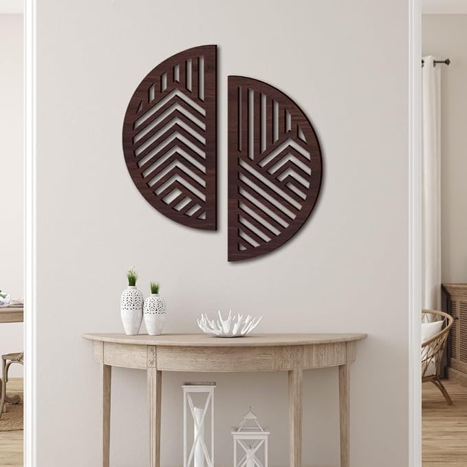 Hollow Round Wood Art Wall Decor, Modern Vintage Wooden Round Wall Sculptures, Half Round Wall Decor Hanging Abstract Panel 3D Geometric Wood Wall Art Decor for Home Office Living Room Bedroom (Brown)