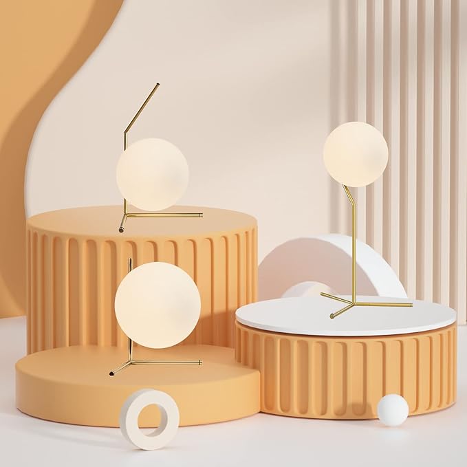 BOKT Mid Century Modern Brass Table Lamp Contemporary Gold Glass Globe Desk Lamp Vintage Bedroom Bedside Reading Lamp Golden Metal Nightstand Lamp for Office Study Room
