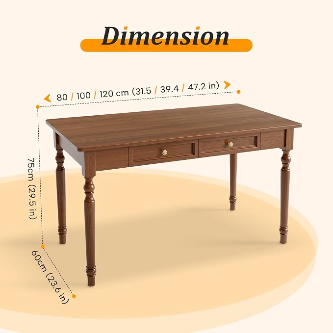 French Country Style Walnut Writing Desks with Drawers, 47" Solid Wood Farmhouse Computer Table for Home Office, Living Room Study or Workspace (Walnut)