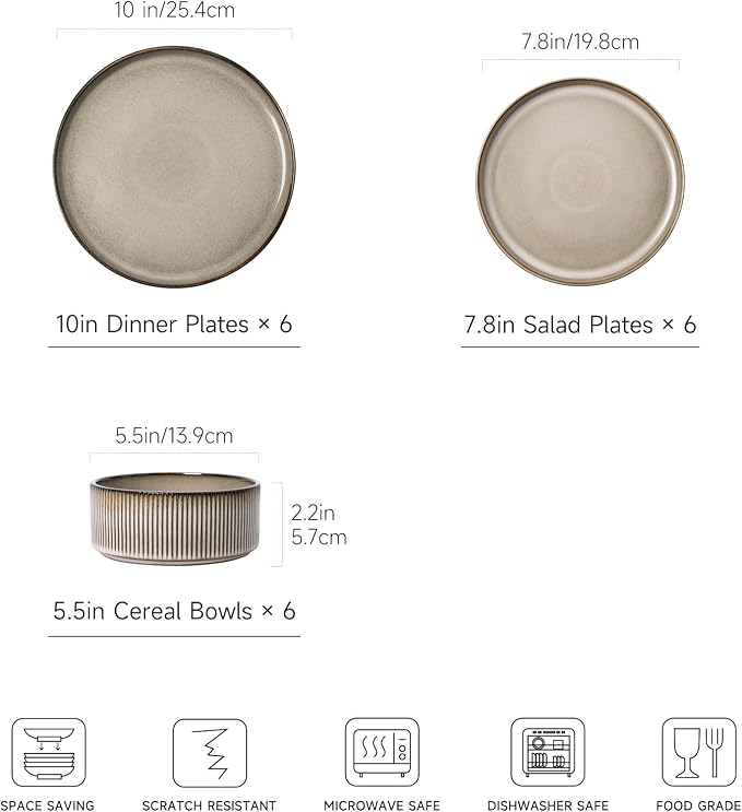 MONITO Ceramic Dinnerware Sets for 6, 18PCS Stoneware Plates and Bowls Sets, Reactive Glaze Dish Set, Chip and Scratch Resistant Double, Microwave and Dishwasher Safe, Brown