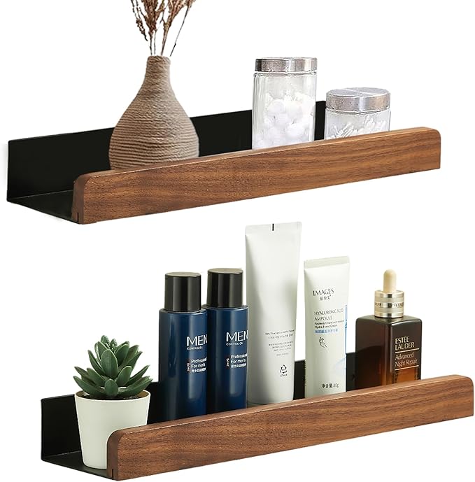 Walnut Wooden Floating Shelves for Wall,2 Pack Farmhouse Natural Wood Small Shelf with Border Over Toilet,Space Saving Bathroom and Kitchen Storage Organizer (16 Inch)