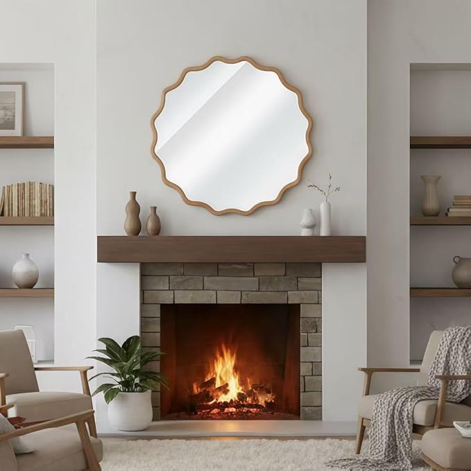24 Inch Wooden Wavy Round Wall Mirror, Modern Solid Wood Frame Circle Decorative Accent Mirror for Bedroom, Bathroom, Living Room, Entryway, Natural Wood Color