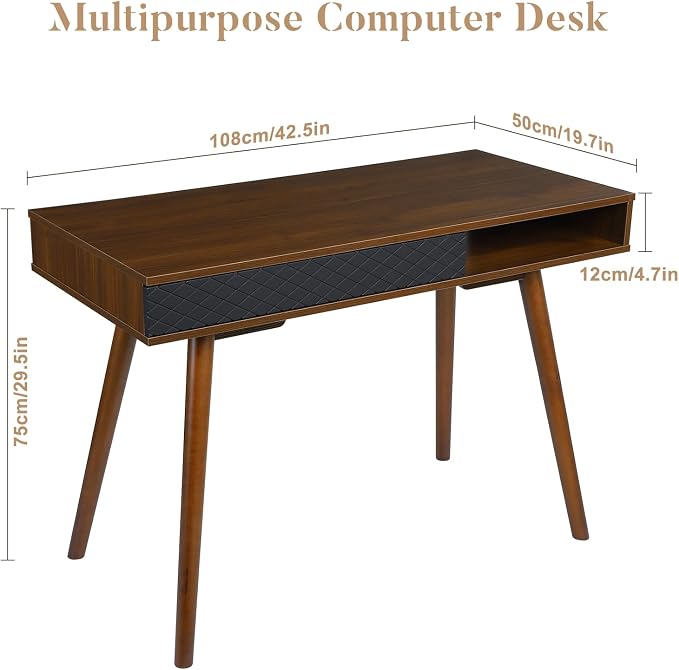 GAOMON Modern Simple Home Office Desk, Mid Century Modern Computer Writing Desk with Drawer Solid Wood Legs and Open Storage Cubby, Small Vanity Table Desk for Bedroom (Walnut)