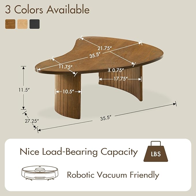 35.5 Inch Mid Century Modern Walnut Small Coffee Table for Small Spaces, Sturdy Wood Center Table with Irregular Mango Top and Fluted Legs for Living Room, Apartment