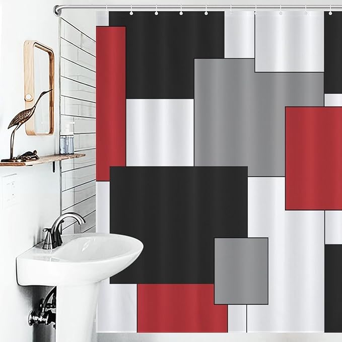Red Black Shower Curtain,Retro Modern Geometry Minimalist Neutral Design Bathroom Curtain Polyester Waterproof Fabric Decor 66x72in（168x183cm）