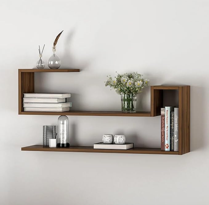 Geometric Wall Shelf: Modern MDF Floating Bookshelf (Walnut)