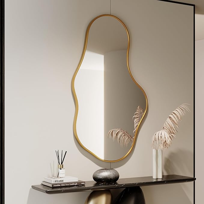 Irregular Wall Mirror - Gold Wall Mirrors Decorative 24"x 40" Wavy Asymmetrical Abstract Mirror Aviation Aluminum Alloy Frame Unique for Vanity, Entryway, Bathroom, Bedroom, Living Room, Cloakroom