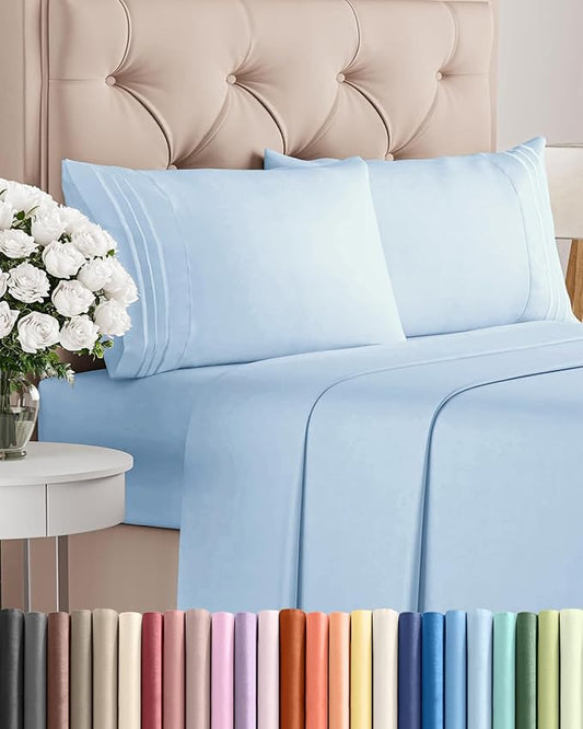 Cal King Size 4 Piece Sheet Set - Comfy Breathable & Cooling Sheets - Hotel Luxury Bed Sheets for Women & Men - Deep Pockets, Easy-Fit, Soft & Wrinkle Free Sheets - Light Blue Oeko-Tex Bed Sheet Set