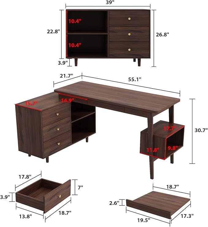 Homsee Home Office Executive Desk, Computer Desk Corner Desk with 3 Drawers, 3 Open Shelves & Keyboard Tray, 55 Inch Large L-Shaped Study Writing Table with Storage Cabinet, Deep Brown