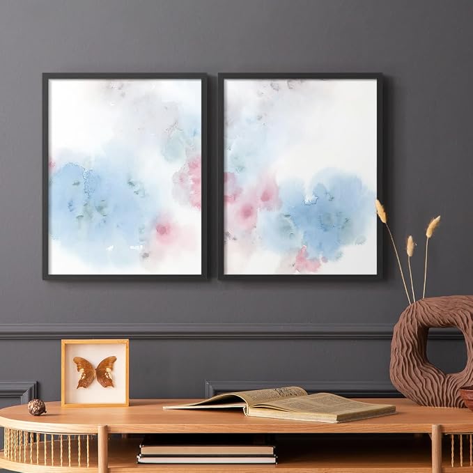 Renditions Gallery Set of 2 Peel & Stick Framed Prints, Watercolor Abstract Wall Art, Cotton Candy Splash Wall Decor, Re-Stickable - Ready to Hang - 8"x10" - Black Frame LT588