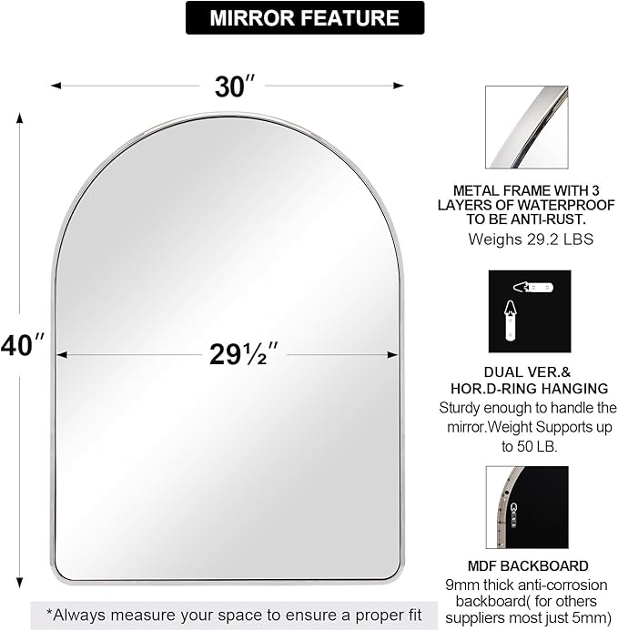 ANDY STAR 30x40’’ Chrome Arched Mirror, Polished Chrome Arched Bathroom Mirror, Arched Wall Mirror in SUS304-Anti-Rust Tube Frame, Wall Mounted Vertical 1'' Deep