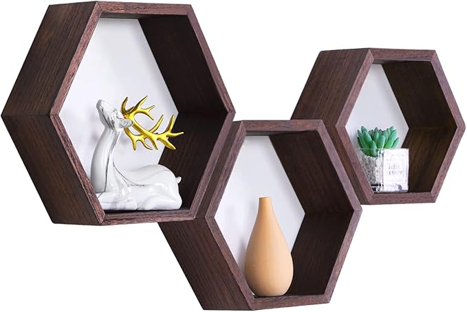 PHOENANCEE Hexagon Floating Shelves,Honeycomb Shelf Set of 3,Wood Farmhouse Hexagonal Decor Wall Storage for Living Room Bedroom Kitchen Office(Walnut)