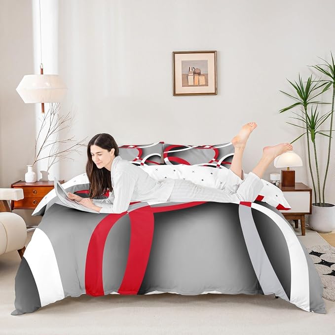 Feelyou Geometric Bedding Set Retro Circle Comforter Cover for Kids Boys Girls Teens Women Modern Abstract Art Duvet Cover Grey Red Black Bedspread Cover Room Decor Full Size (No Comforter)