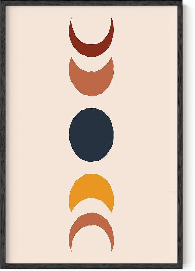 HAUS AND HUES Moon Phases Wall Art - Colorful Moon Transition Print, Mid Century Boho Celestial Decor, Modern Moon Phases Poster, Black Frame 24x36