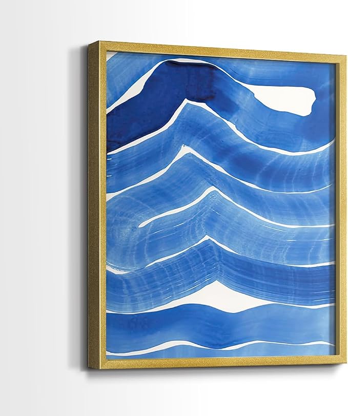 Renditions Gallery Set of 2 Peel & Stick Framed Prints, Watercolor Abstract Wall Art, Bold Brushstrokes in Shades of Blue Wall Decor, Re-Stickable - Ready to Hang - 8"x10" - GOLD Frame LT588