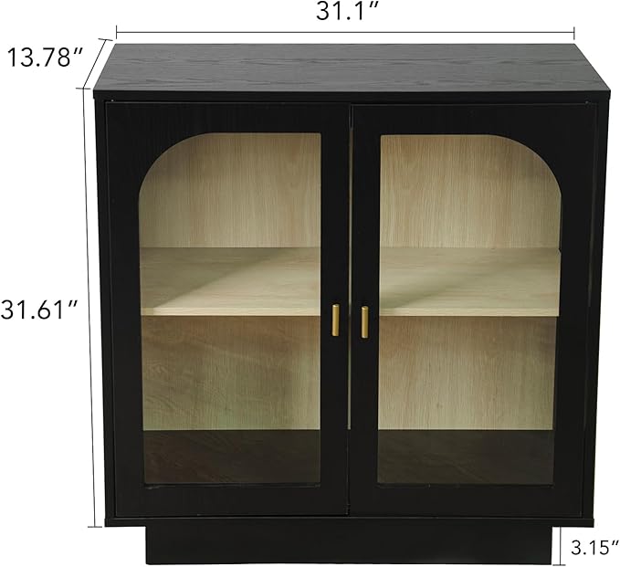 Sideboard Buffet Cabinet with Storage - Accent Storage Cabinet Modern Furniture with Glass Doors and Adjustable Shelves, Wood Credenza for Living Room, Kitchen, Dining Room (Black)