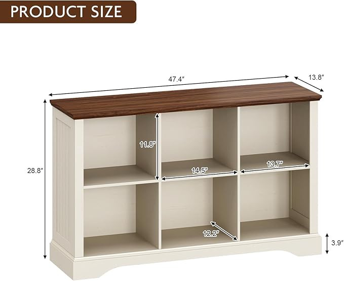6 Cube Storage Organizer - 47.4" Farmhouse Wood Low Bookshelf, 3 Tier Horizontal Open Shelf Bookcase Cubby Storage Console Cabinet for Living Room, Entryway, Office, Antique White