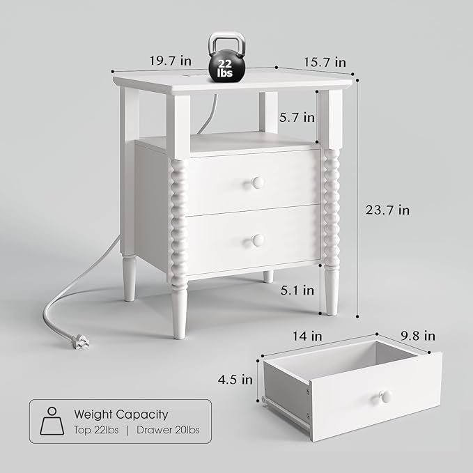 White Night Stand Set 2, Vintage Nightstand with Charging Station, Bedside Table with 2 Drawers, End Table with Solid Wood Legs, Bed Side Tables for Bedroom, White