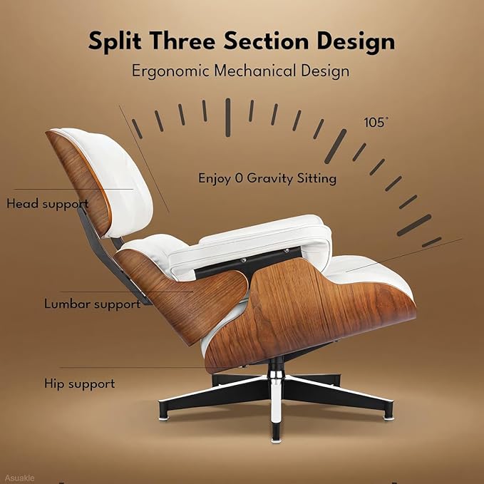 Mid Century Chaise Lounge Chair and Ottoman, Reading Chair, Leather Accent Chair, Modern Chair, Classic Design, Heavy Duty Base Support for Living Room Lounge Office (Walnut-White, Tall)