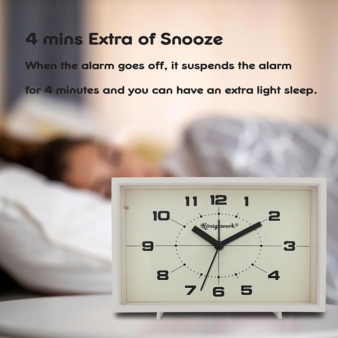 Analog Alarm Clock, 6 inch Silent Non Ticking Small Clock with Night Light, Battery Operated Simply Design for Bedroom, Bedside, Living Room, Room Decor, Desk, Table (White)