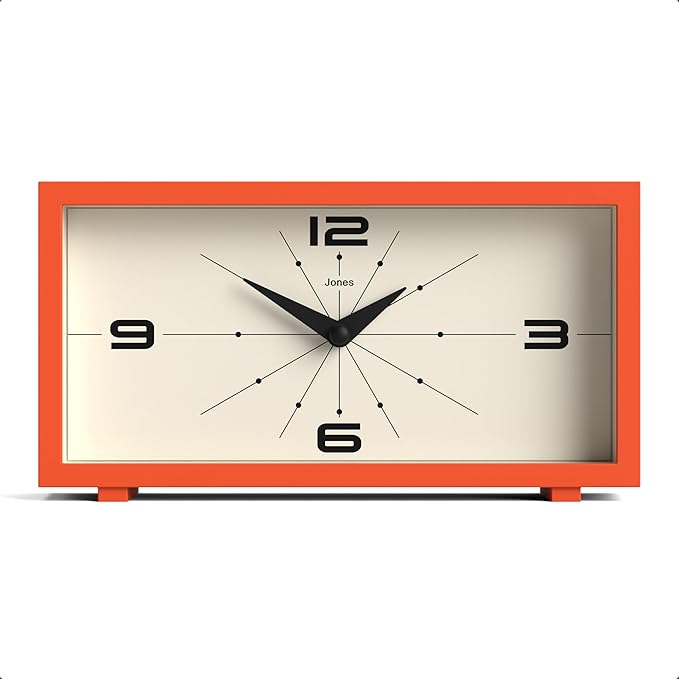 JONES CLOCKS® Odeon Desk Clock | Modern Rectangular Design | Orange | Stylish Retro Look for Shelf, Table, Mantel or Bedside
